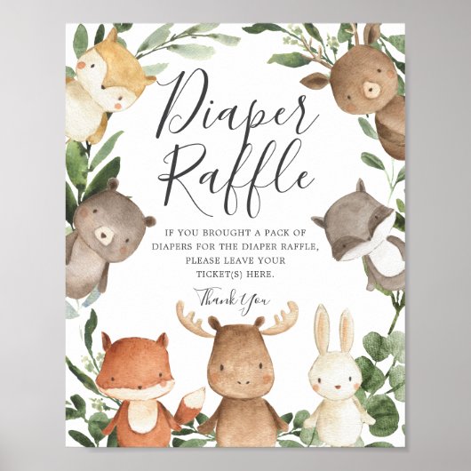 Woodland Friends Baby shower Diaper Raffle Sign Poster (Voorkant)