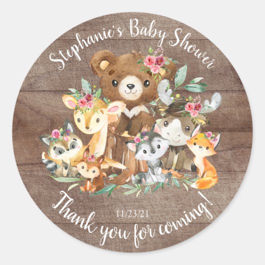 Woodland Friends Baby shower Favor Ronde Sticker (Voorkant)