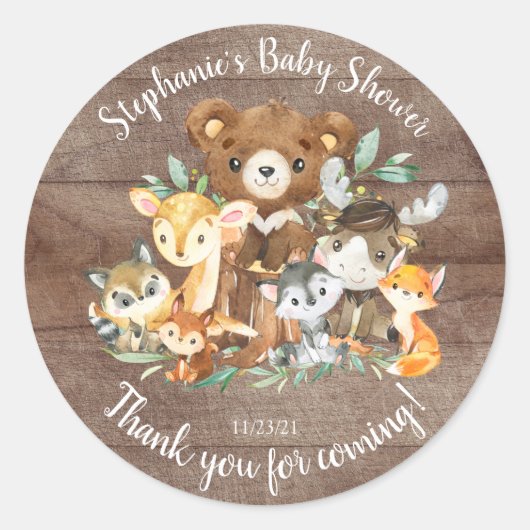 Woodland Friends Baby shower Favor Ronde Sticker (Voorkant)