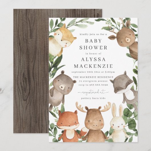 Woodland Friends Baby shower Invitation Kaart (Voorkant / Achterkant)