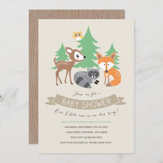 Woodland Friends Baby shower Invite Kaart (Voorkant / Achterkant)