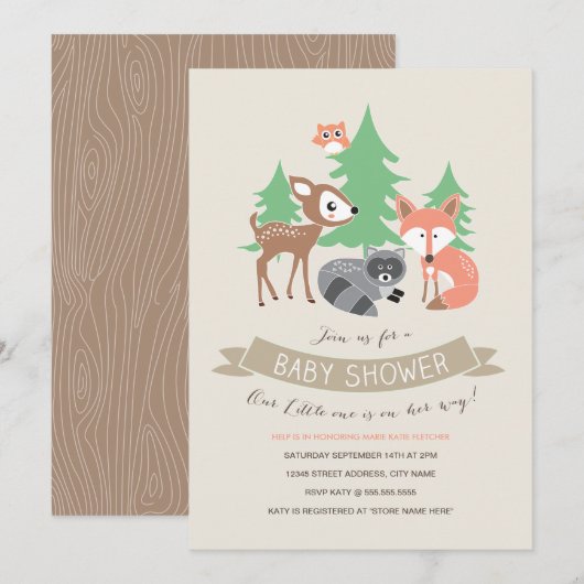 Woodland Friends Baby shower Invite Kaart (Voorkant / Achterkant)