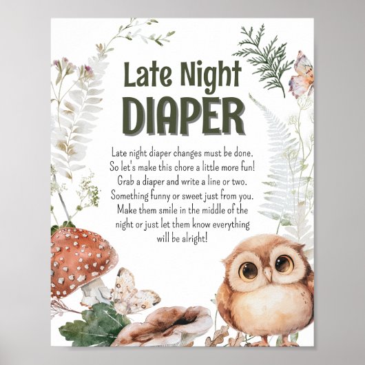 Woodland Friends Baby shower 'Late Night Diaper' Poster (Voorkant)