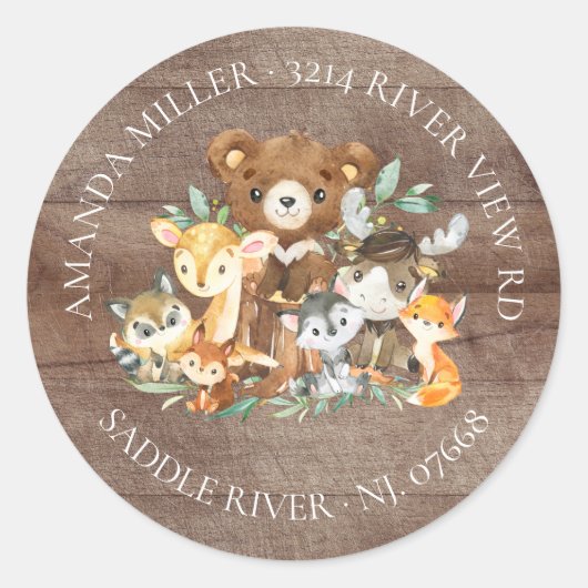 Woodland Friends Baby shower retour adreslabel Ronde Sticker (Voorkant)