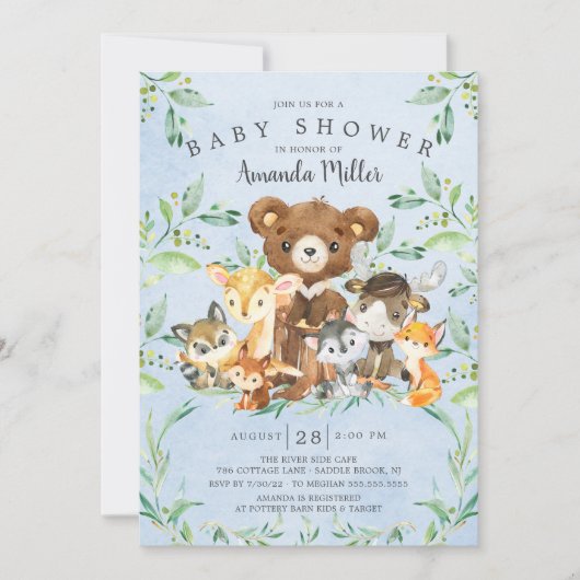 Woodland Friends Boys Baby shower Invitation Kaart (Voorkant)