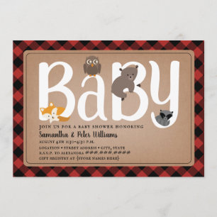 Woodland Friends Buffalo Plaid Baby shower Kaart
