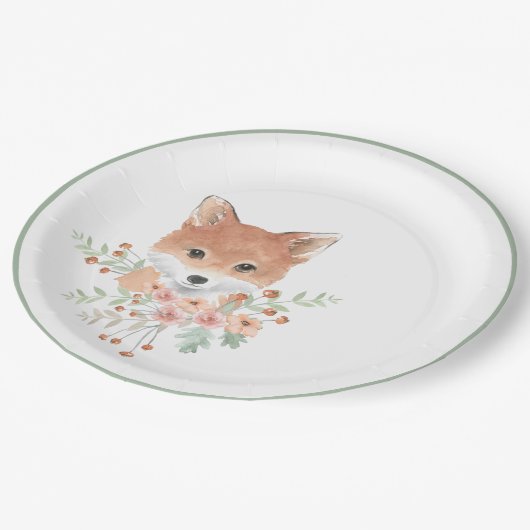 Woodland Friends Fox Floral Green Waterverf Papieren Bordje (Gekanteld)