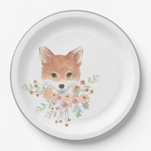 Woodland Friends Fox Floral Green Waterverf Papieren Bordje