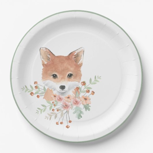 Woodland Friends Fox Floral Green Waterverf Papieren Bordje (Voorkant)