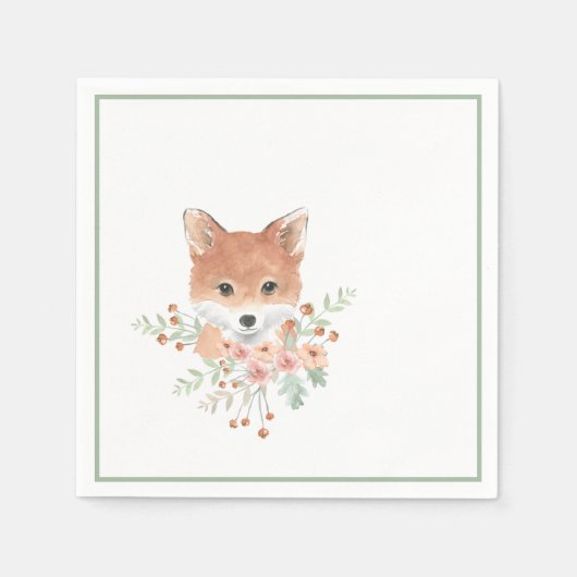 Woodland Friends Fox Floral Green Waterverf Servet (Voorkant)