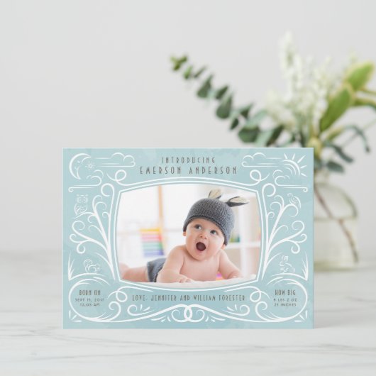 Woodland Friends geboorte aankondiging jongen (Staand voorkant)