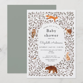Woodland Friends Gender Neutral Sage Baby Shower Kaart