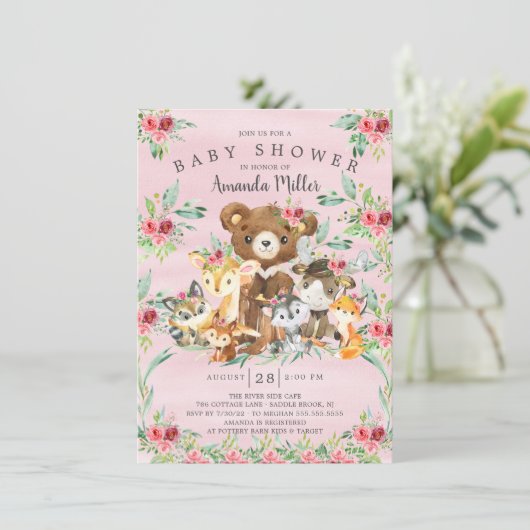 Woodland Friends Girls Baby shower Invitation Kaart (Staand voorkant)