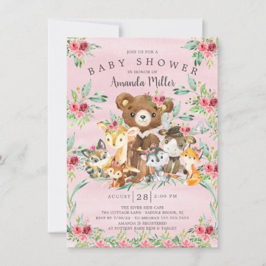 Woodland Friends Girls Baby shower Invitation Kaart (Voorkant)