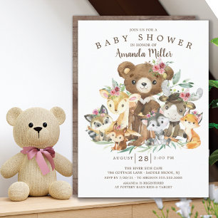 Woodland Friends Girls Baby shower Invitation Kaart