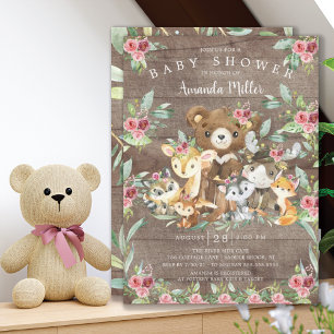 Woodland Friends Girls Baby shower Invitation Kaart