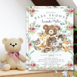 Woodland Friends Girls Baby shower Kaart<br><div class="desc">Het ontwerp van het baby shower met de zachtste beer dat op een boomstoom zit en omringd wordt door een hert, een wasbeer, een eekhoorn, vossen, een mos en vossen. Met natuurlijke groene waterverf bladeren op een witte achtergrond. Draai onze uitnodiging om een bijpassend groen blad terug te uitzichten voor...</div>