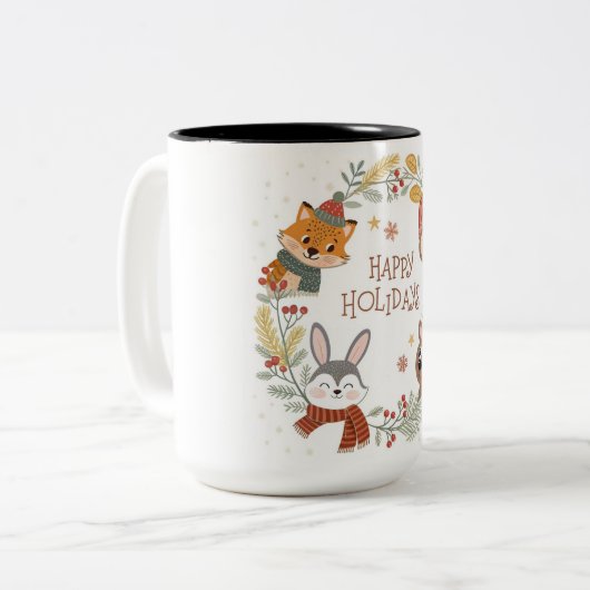 Woodland Friends Happy Holidays Circle Tweekleurige Koffiemok (Voorkant links)
