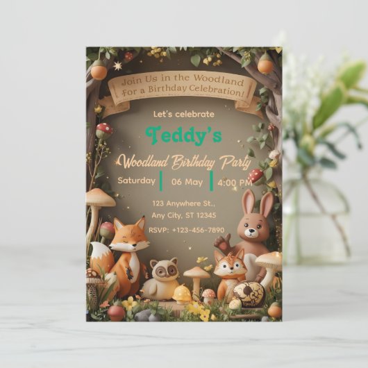Woodland Friends Verjaardagsuitnodiging – Schattig Kaart (Staand voorkant)