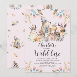 Woodland Friends Wild One Birthday Invitation Kaart