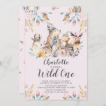 Woodland Friends Wild One Birthday Invitation Kaart<br><div class="desc">Cute woodlanddieren wild één meisjes verjaardag Uitnodiging met een coördinerende rug.</div>