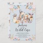 Woodland Friends Wild One Birthday Invitation Kaart<br><div class="desc">Cute woodlanddieren wild één jongens verjaardag Uitnodiging met een coördinerende rug.</div>