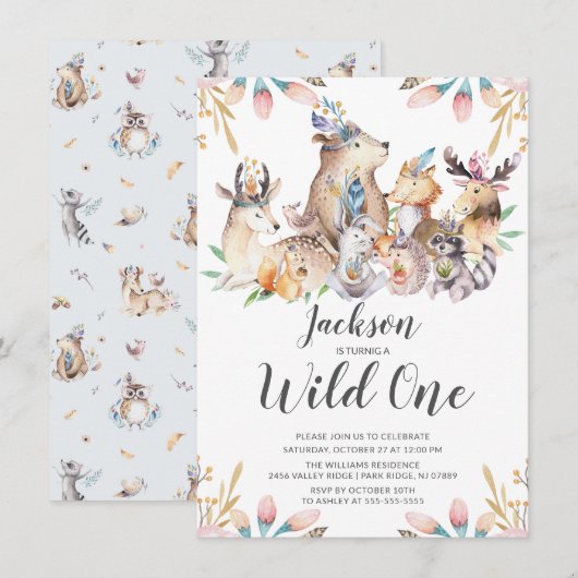 Woodland Friends Wild One Boys 1e verjaardag Invit Kaart (Voorkant / Achterkant)