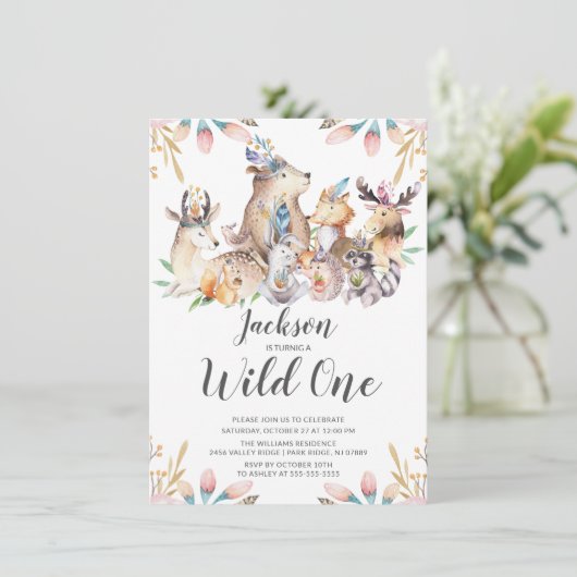 Woodland Friends Wild One Boys 1e verjaardag Invit Kaart (Staand voorkant)