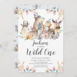 Woodland Friends Wild One Boys 1e verjaardag Invit Kaart<br><div class="desc">Ene bosbouwhuisdieren wild één jongetje op de eerste verjaardag Uitnodiging geplaatst op een witte achtergrond met een coördinerend dierpatroon terug.</div>