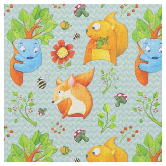 Woodland Fun aqua Fabric Stof (Close Up)