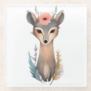 Woodland Grace: Floral Crowned Deer Glazen Onderzetter