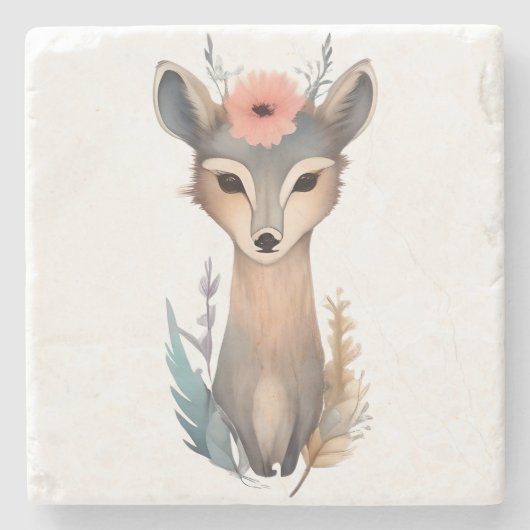 Woodland Grace: Floral Crowned Deer Stenen Onderzetter (Voorkant)