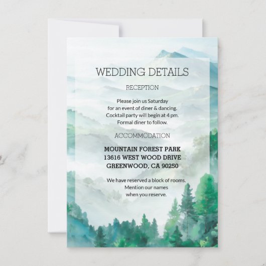 Woodland Green Blue Blurred Forest Wedding Details Kaart (Voorkant)