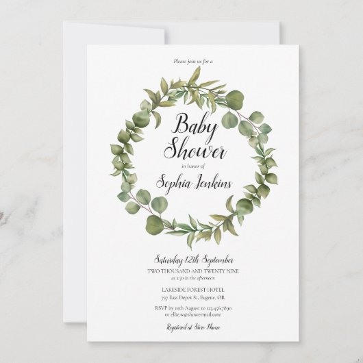 Woodland Green Eucalyptus Script Baby shower Kaart (Voorkant)