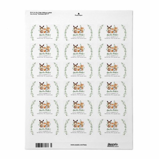 Woodland Green Forest Baby Dieren Retouradres Etiket (Full Sheet)