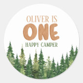 Woodland Green Rustic Happy Camper First Birthday Ronde Sticker (Voorkant)