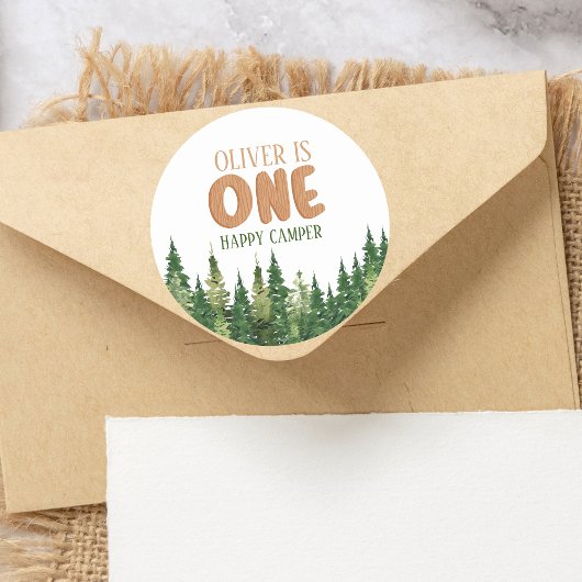 Woodland Green Rustic Happy Camper First Birthday Ronde Sticker