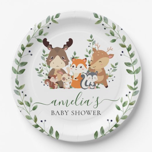 Woodland Greenery Animals Baby shower 1e Verjaarda Papieren Bordje (Voorkant)