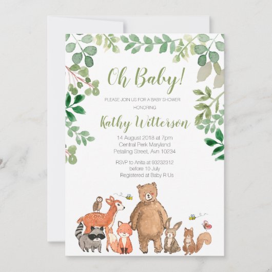Woodland Greenery Animals Baby shower Invitation Kaart (Voorkant)