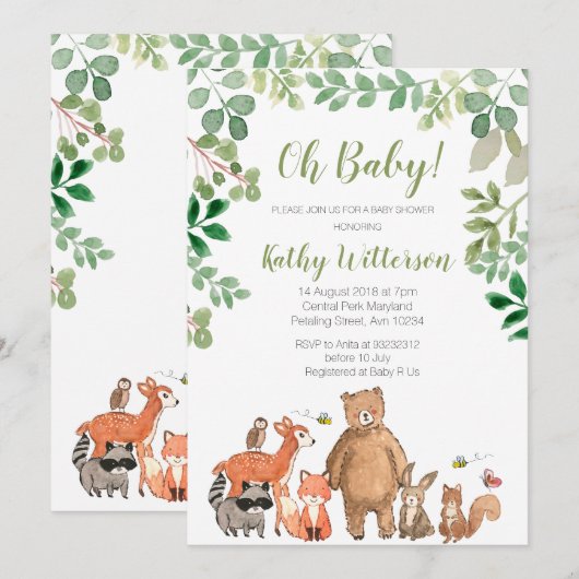 Woodland Greenery Animals Baby shower Invitation Kaart (Voorkant / Achterkant)