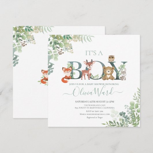 Woodland Greenery Baby shower Boy Invitation Bedankkaart (Voorkant / Achterkant)