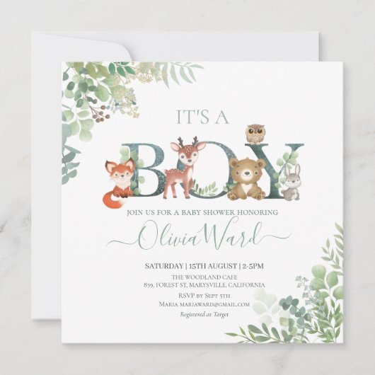 Woodland Greenery Baby shower Boy Invitation Bedankkaart (Voorkant)