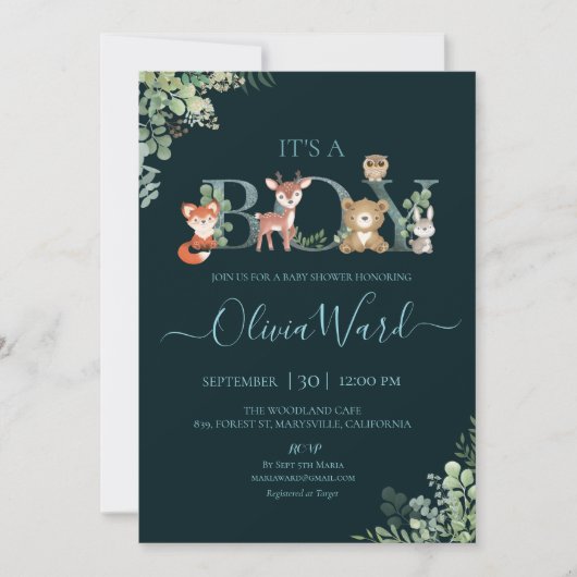 Woodland Greenery Baby shower Boy Invitation Kaart (Voorkant)