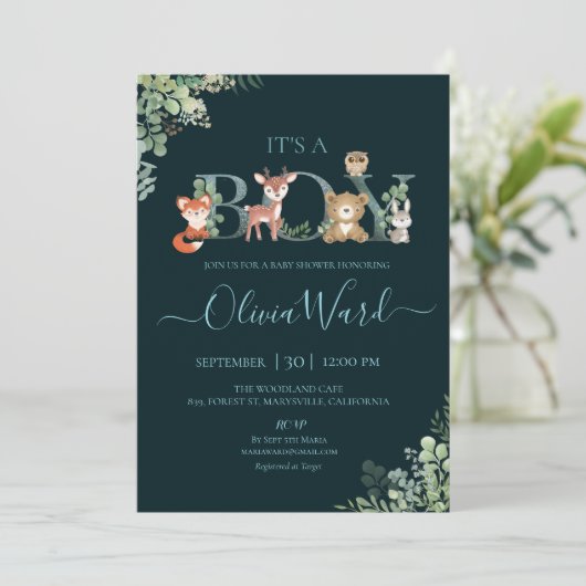 Woodland Greenery Baby shower Boy Invitation Kaart (Staand voorkant)