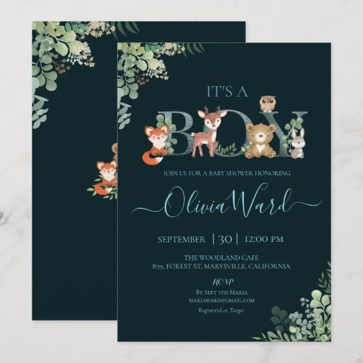 Woodland Greenery Baby shower Boy Invitation Kaart (Voorkant / Achterkant)