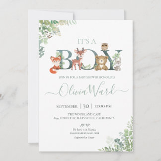 Woodland Greenery Baby shower Boy Invitation Kaart