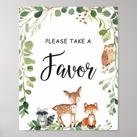 Woodland Greenery Baby shower Favors Sign Poster (Voorkant)