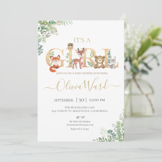 Woodland Greenery Baby shower Girl Kaart (Staand voorkant)