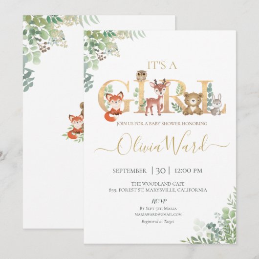 Woodland Greenery Baby shower Girl Kaart (Voorkant / Achterkant)