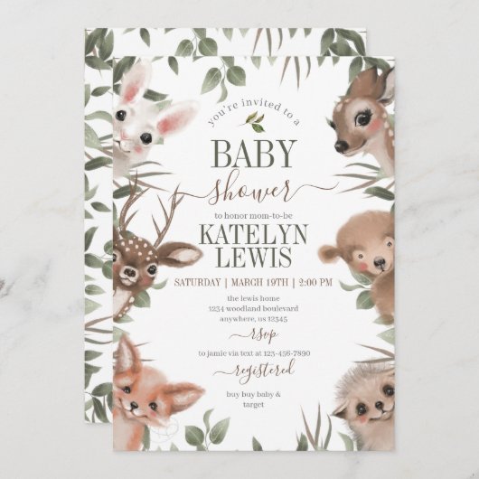 Woodland Greenery Baby shower Kaart (Voorkant / Achterkant)
